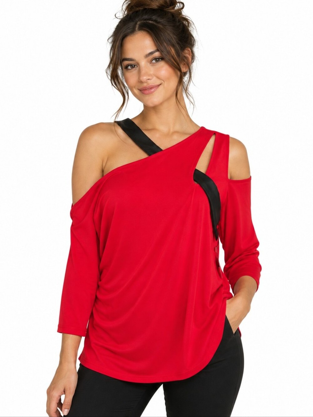BOLD Elements Plus Size 1X Red Asymmetrical Cold Shoulder Cutout Top